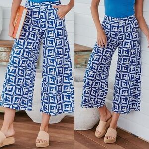 Free People / Menocra Cropped Printed Wide Leg Pants Cobalt White Combo